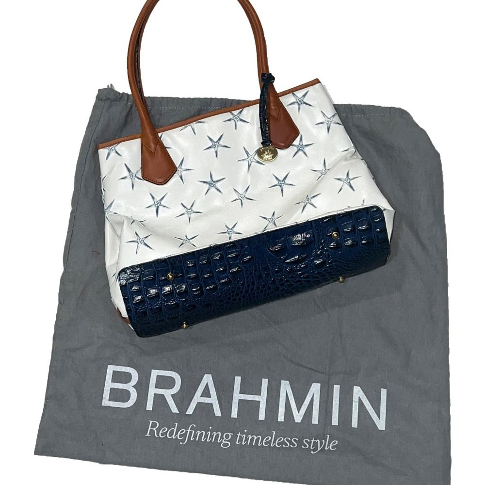 BRAHMIN WHITE BLUE embossed ATLANTIC STARFISH ANYTIME BAG TOTE RARE!
